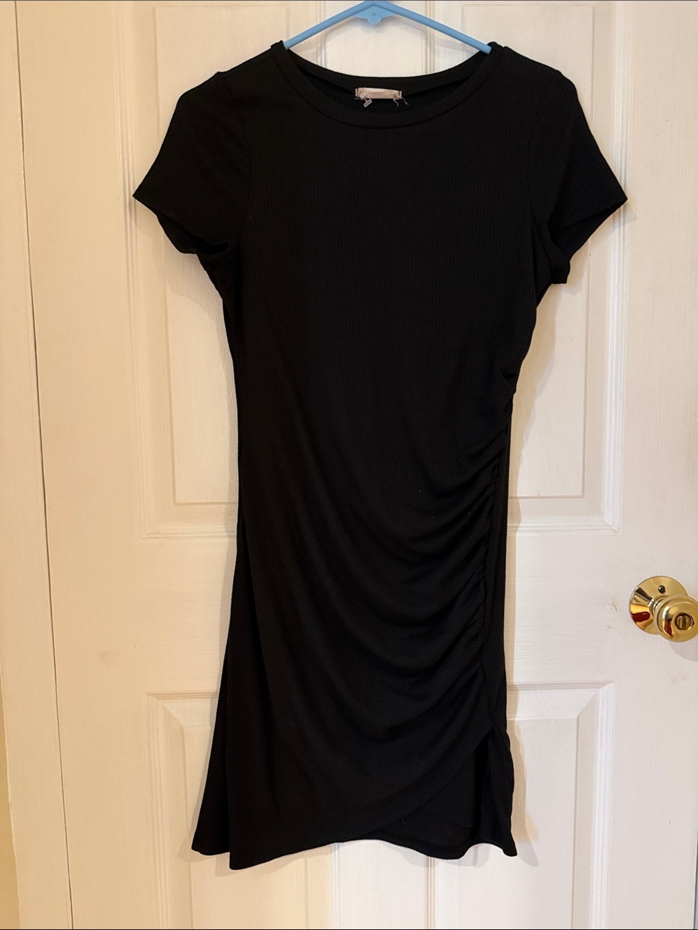 Altar'd State Black Short Sleeve Ribbed Tee Dress with Side Ruching
